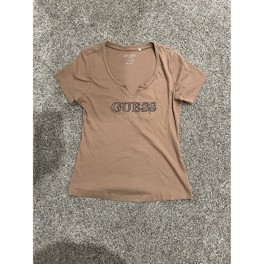 Guess Los Angeles Tan Brown Ribbed Notch Neck Logo T-Shirt XL W4GI60 K8FI0